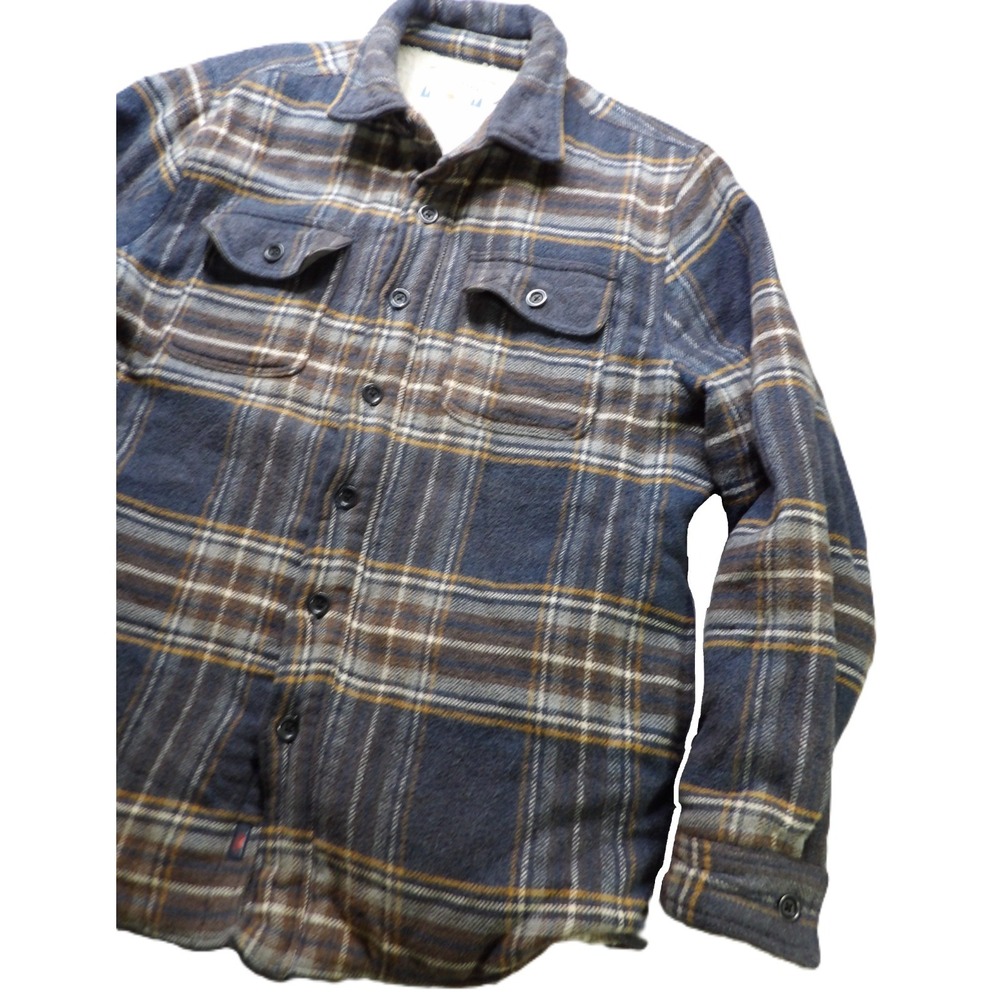 Faherty Men L Vintage Blue Plaid Sherpa High Pile Fleece Wool CPO Shirt Jacket - Picture 12 of 16